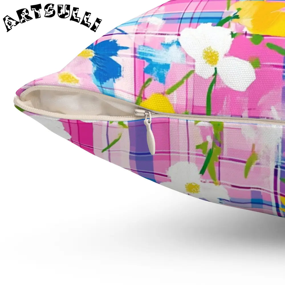 JAKKOUTTHEBXX Plaid Garden III Pink and Blue Spun Polyester Square