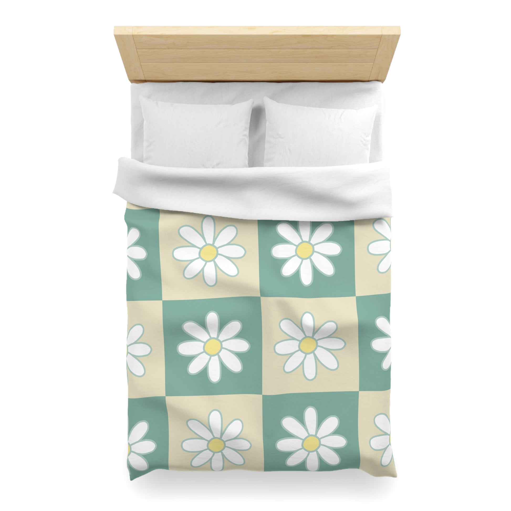 Retro Daisy Checkerboard Green and Tan Microfiber Duvet Cover, Artsulli - Art is Long, Life is Short, Home Decor, , , , , , , 