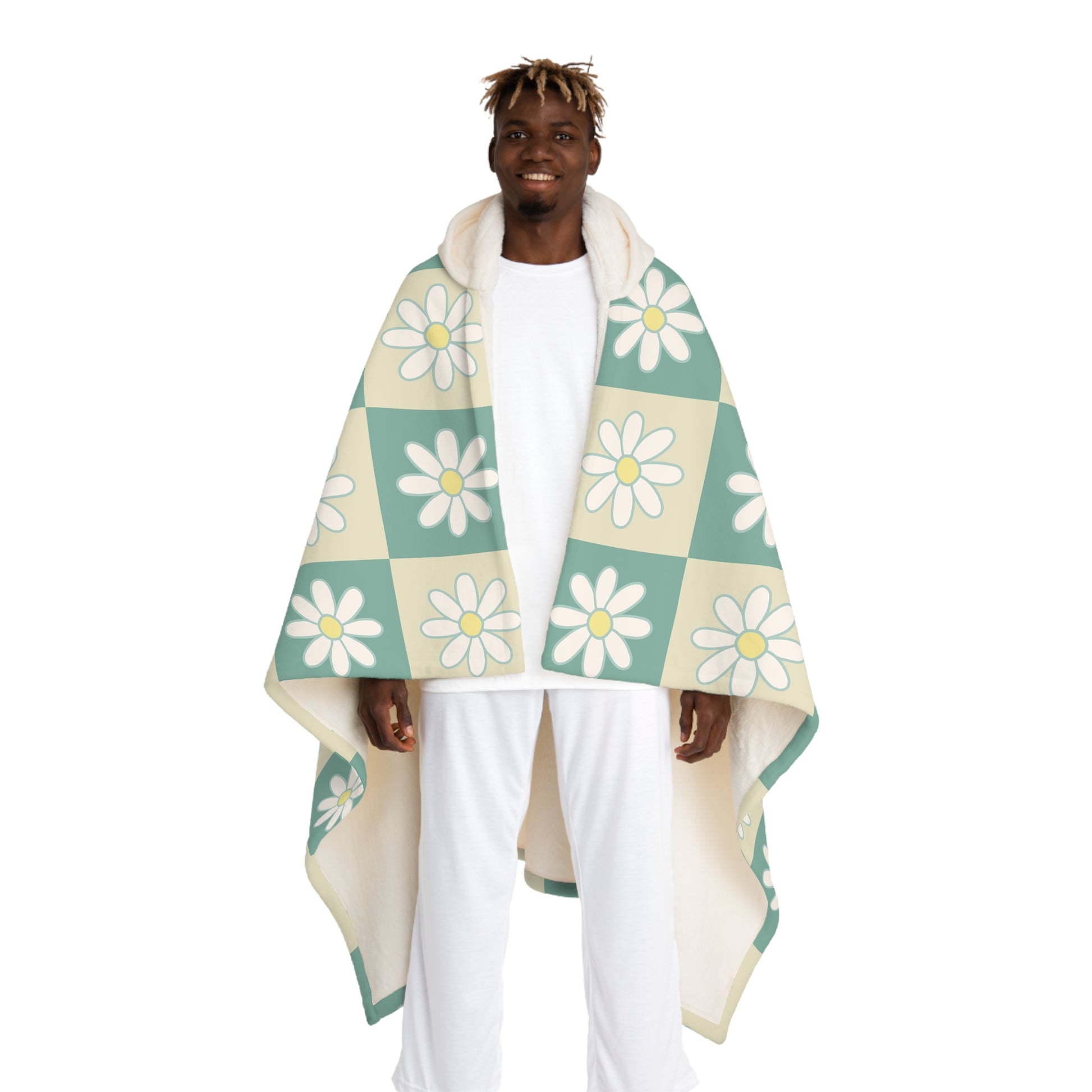 Retro Daisy Checkerboard Green and Tan Hooded Sherpa Fleece Blanket, Artsulli - Art is Long, Life is Short, All Over Prints, Size, One size, Color, Cream, , , 29833480197826114225