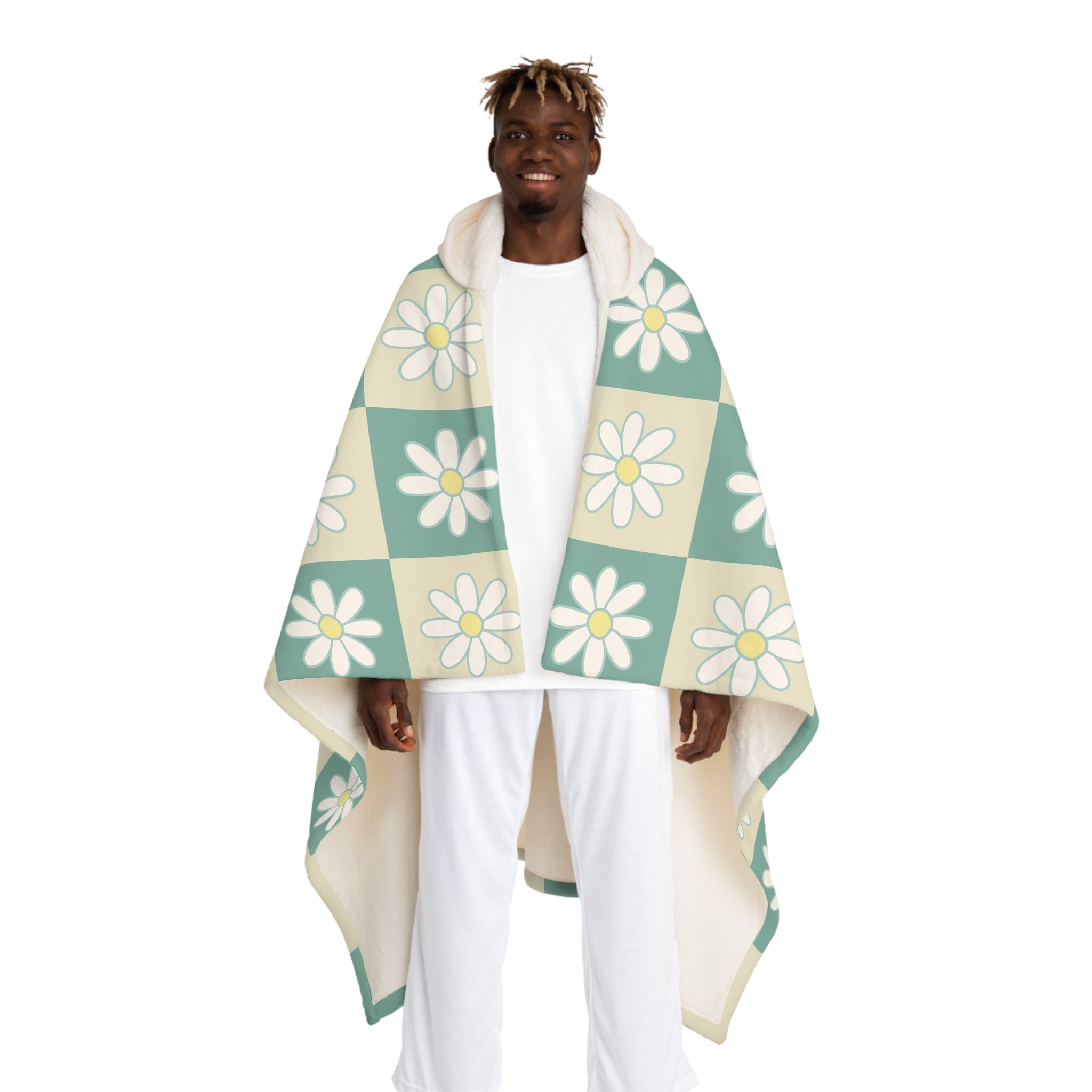 Retro Daisy Checkerboard Green and Tan Hooded Sherpa Fleece Blanket, Artsulli - Art is Long, Life is Short, All Over Prints, Size, One size, Color, Cream, , , 29833480197826114225