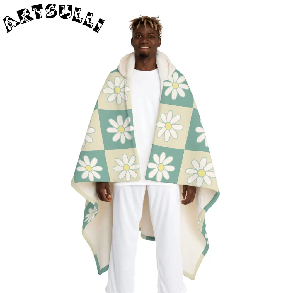 JAKKOUTTHEBXX Retro Daisy Checkerboard Green and Tan Hooded Sherpa
