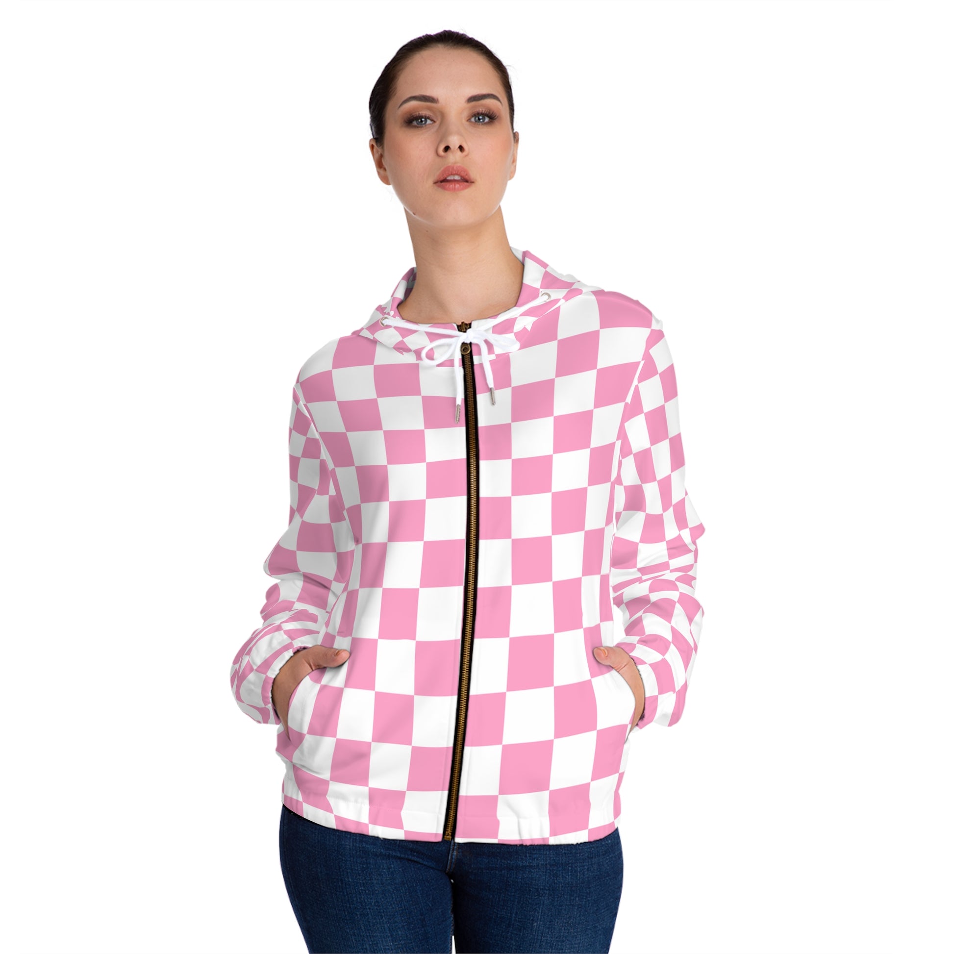 Checkerboard Hot Pink and White Women’s Full-Zip Hoodie (AOP), Artsulli - Art is Long, Life is Short, All Over Prints, , , , , , , 