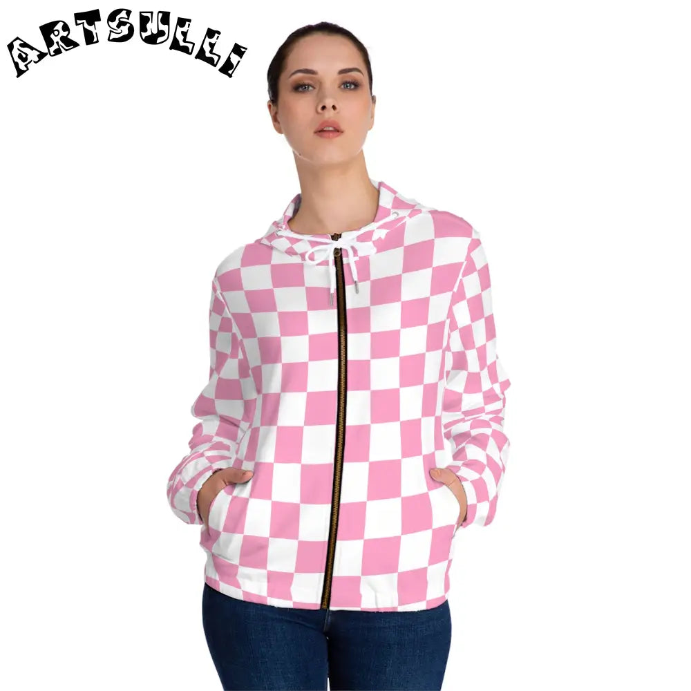 JAKKOUTTHEBXX Checkerboard Hot Pink and White Women’s Full-Zip