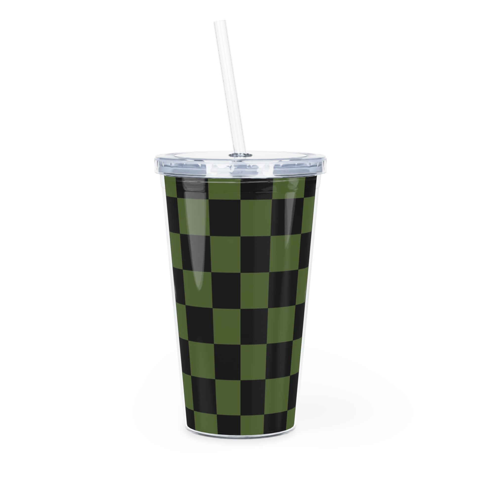 Checkerboard Olive Green and Black Plastic Tumbler with Straw, Artsulli - Art is Long, Life is Short, Mug, , , , , , , 