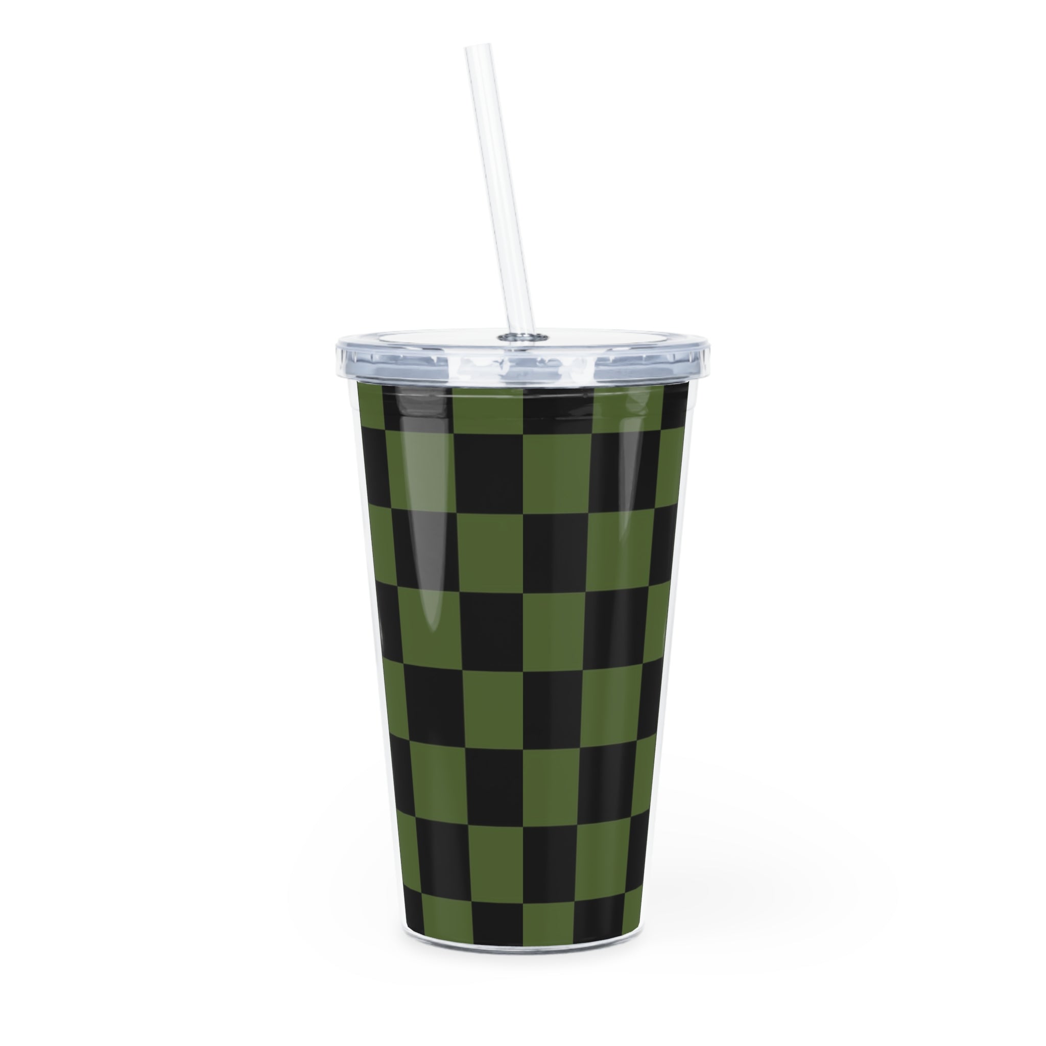 Checkerboard Olive Green and Black Plastic Tumbler with Straw, Artsulli - Art is Long, Life is Short, Mug, , , , , , , 