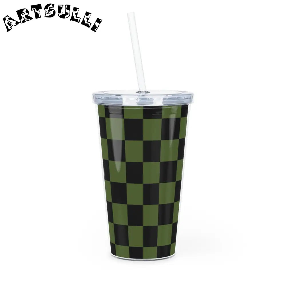 JAKKOUTTHEBXX Checkerboard Olive Green and Black Plastic Tumbler