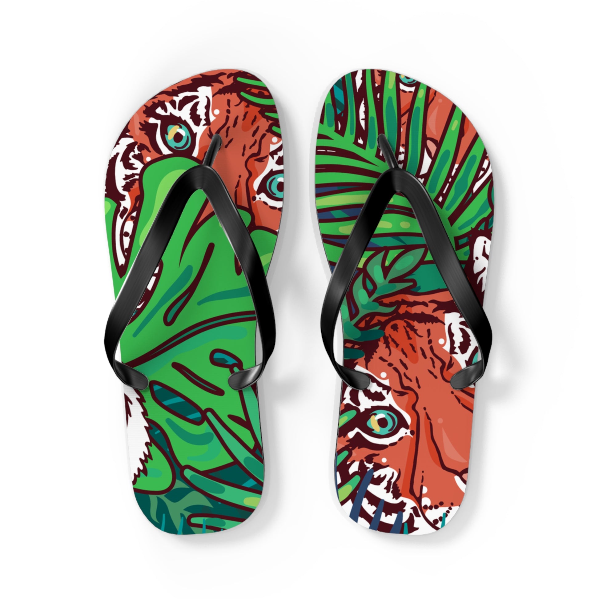 Tropical Jungle Tigers Blue and Green Flip Flops, Artsulli - Art is Long, Life is Short, Shoes, Size, L, Color, Black sole, , , 14287323020950