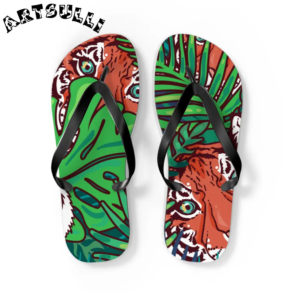 JAKKOUTTHEBXX Tropical Jungle Tigers Blue and Green Flip Flops