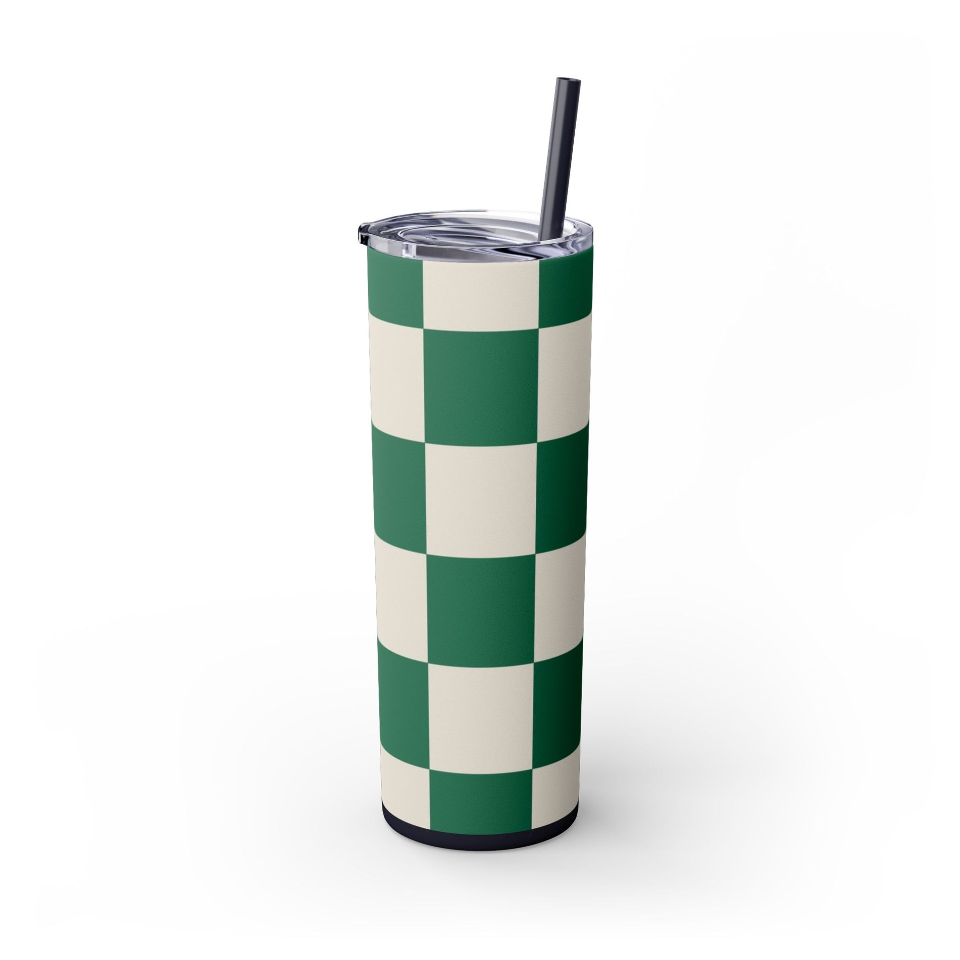 Checkerboard Dark Green Skinny Tumbler with Straw, 20oz, Artsulli - Art is Long, Life is Short, Mug, , , , , , , 