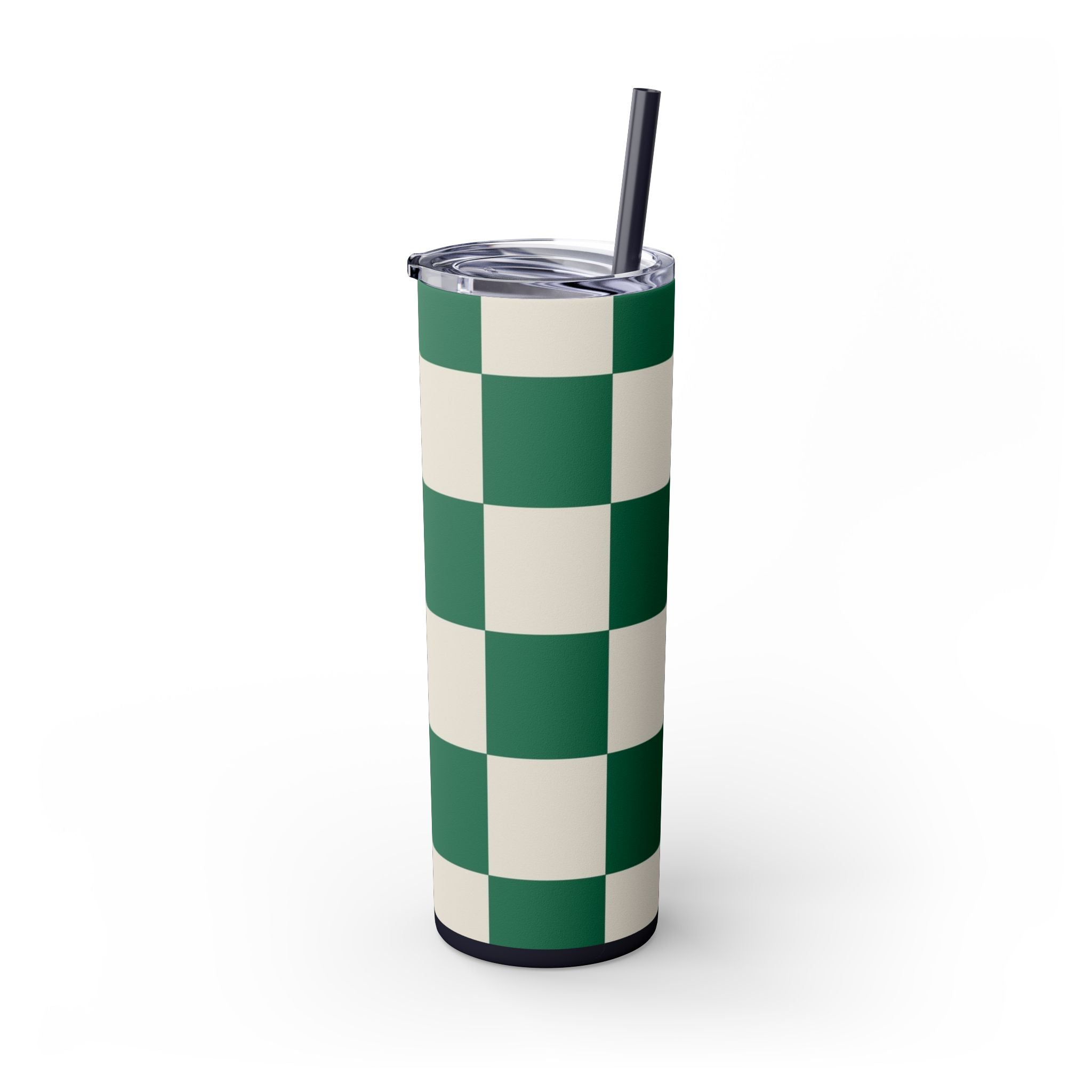 Checkerboard Dark Green Skinny Tumbler with Straw, 20oz, Artsulli - Art is Long, Life is Short, Mug, , , , , , , 