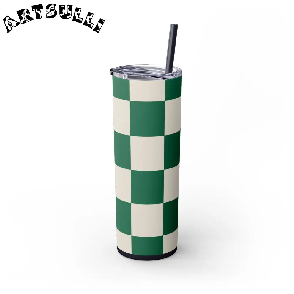 JAKKOUTTHEBXX Checkerboard Dark Green Skinny Tumbler with Straw 20oz