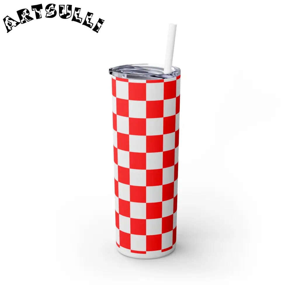 JAKKOUTTHEBXX Checkerboard Red and White Skinny Tumbler with Straw