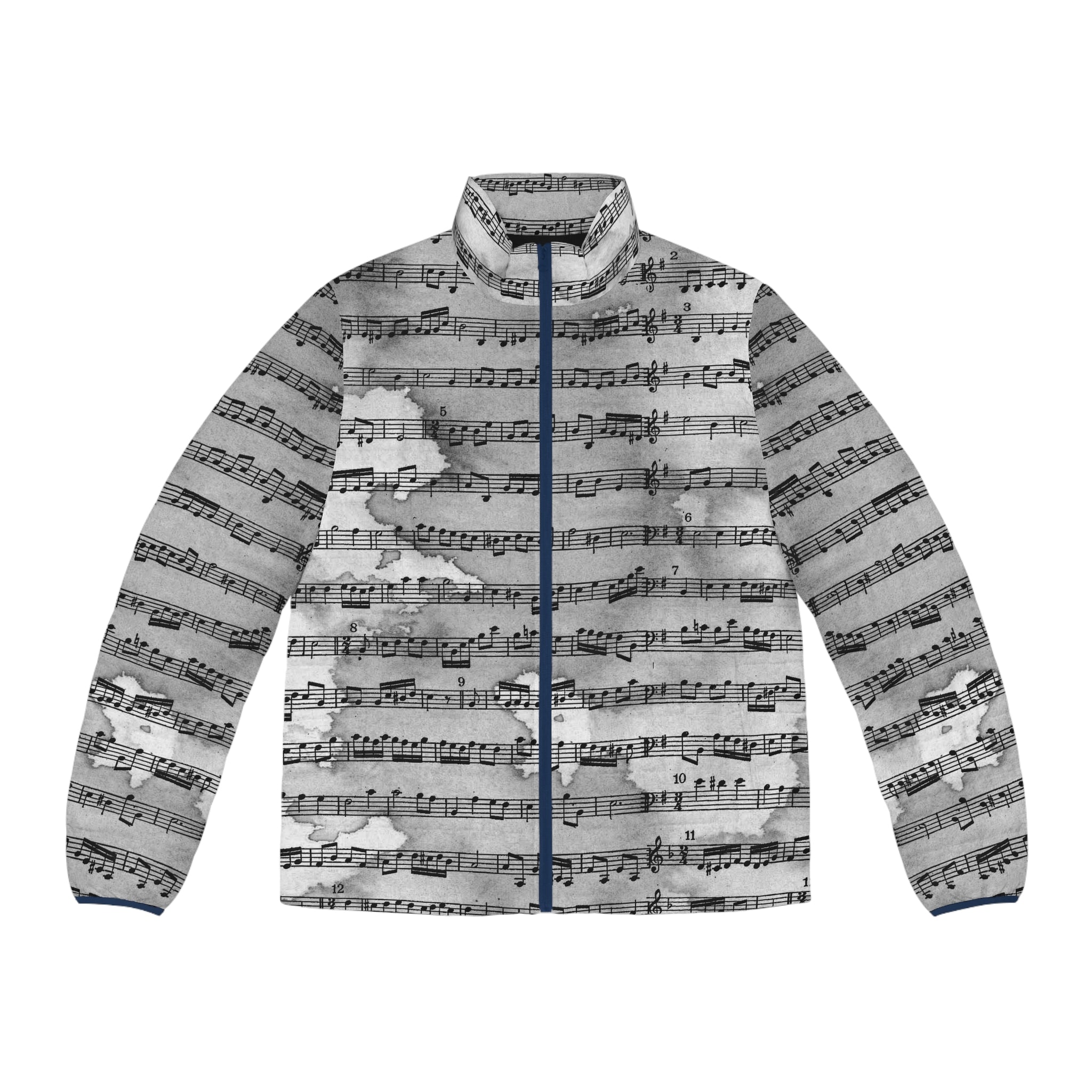 Drip Spill Type Beat Sheet Music Black Men's Puffer Jacket (AOP), Artsulli - Art is Long, Life is Short, All Over Prints, Size, S, Color, Dark blue zipper, , , 11186288666194948196