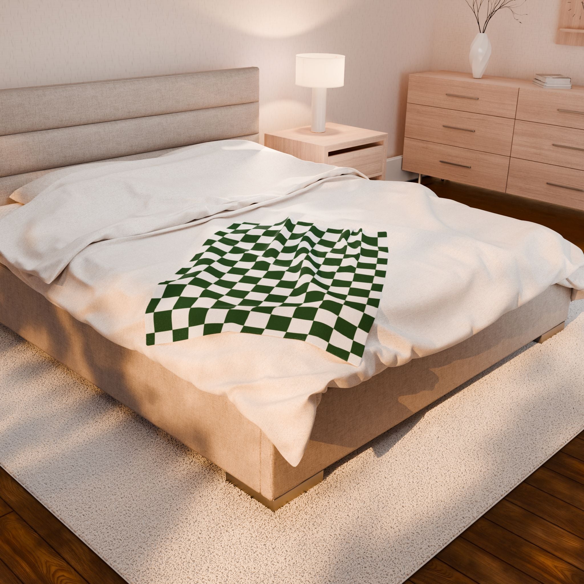 Checkerboard White and Dark Green Velveteen Plush Blanket, Artsulli - Art is Long, Life is Short, All Over Prints, , , , , , , 