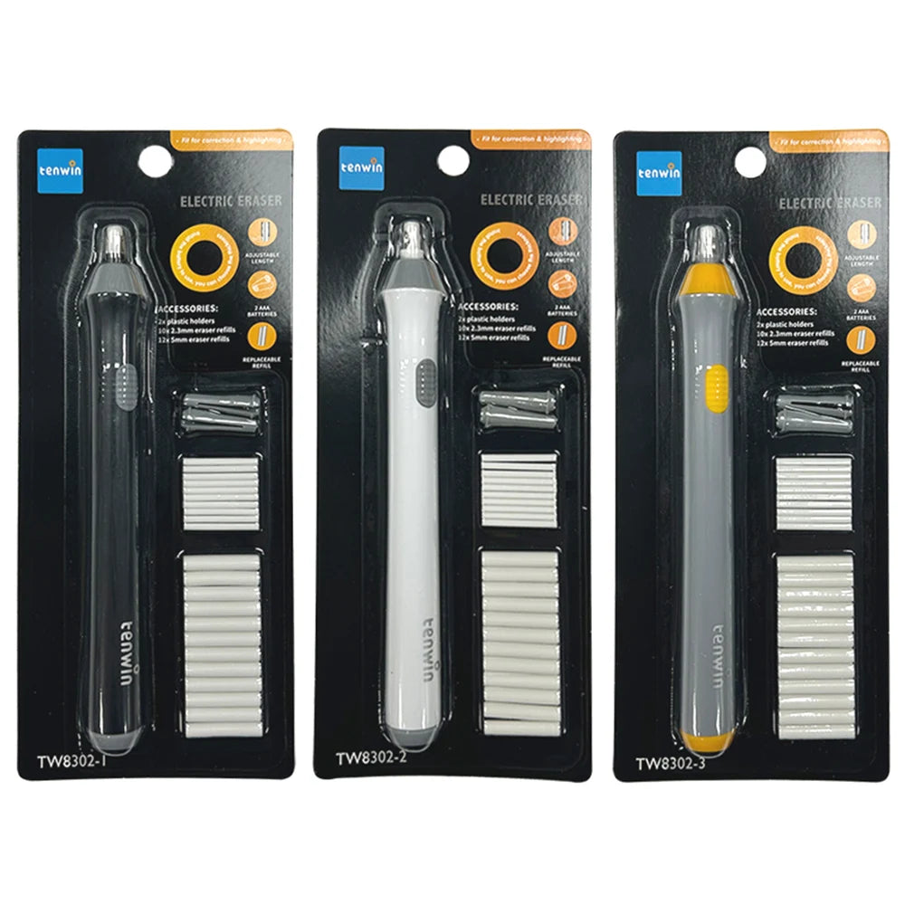 Tenwin Adjustable Electric Rubber Eraser with Rubber Refills Battery Power for Sketch Drawing Erasing School Stationery Supplies