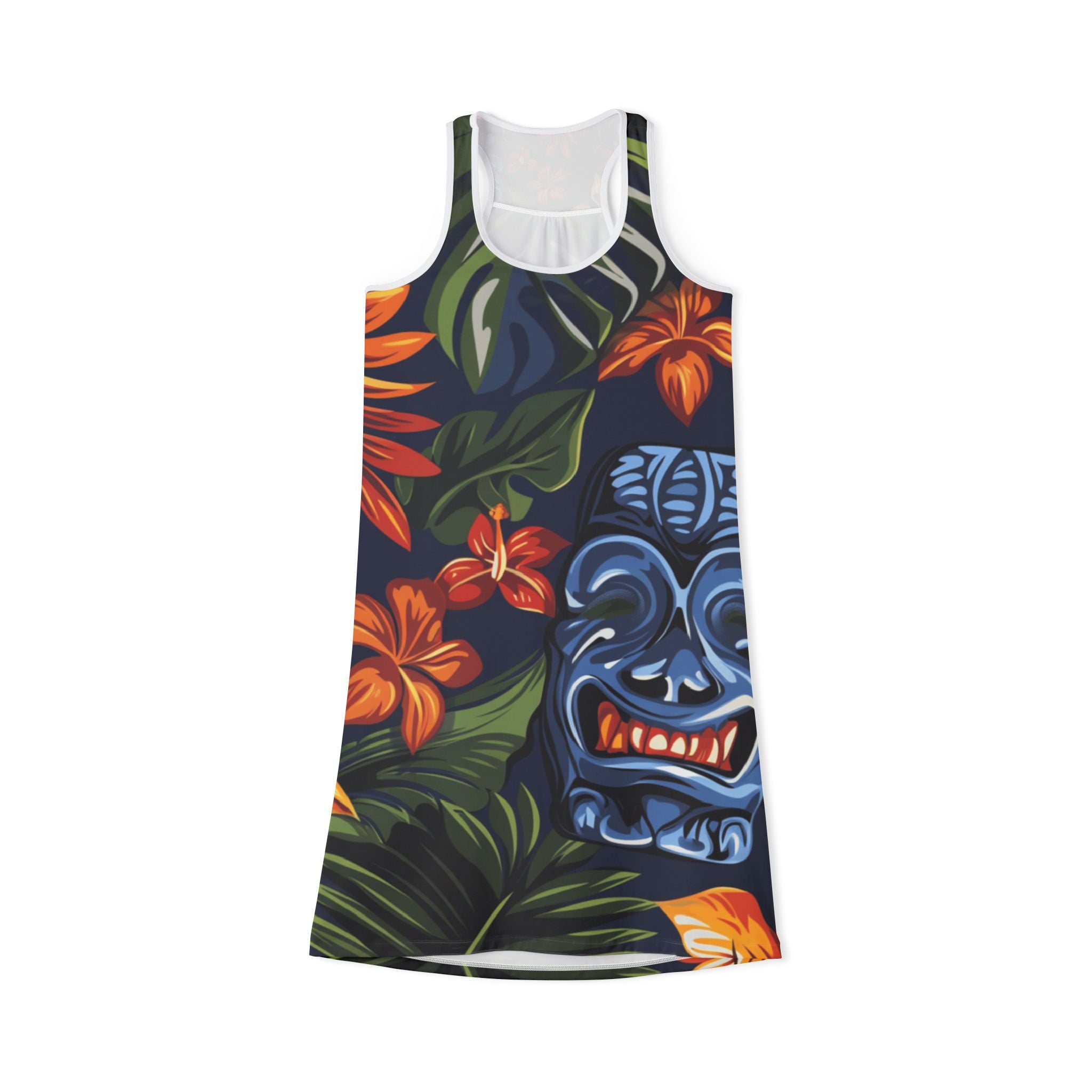 Tiki Bloom Navy Women's Racerback Dress (AOP), Artsulli - Art is Long, Life is Short, Tank Top, Size, XS, Color, White, , , 19436106538138523846