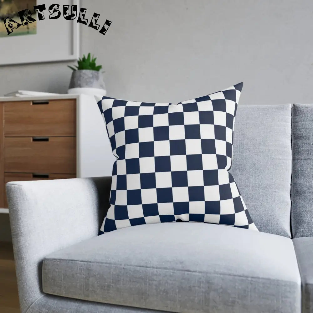 JAKKOUTTHEBXX Checkerboard White and Navy Blue Square Pillow