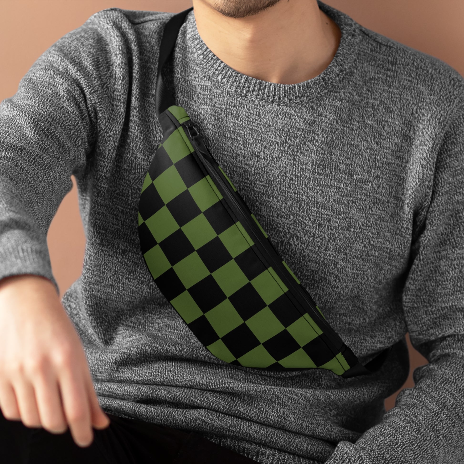 Checkerboard Olive Green and Black Fanny Pack, Artsulli - Art is Long, Life is Short, Bags, , , , , , , 