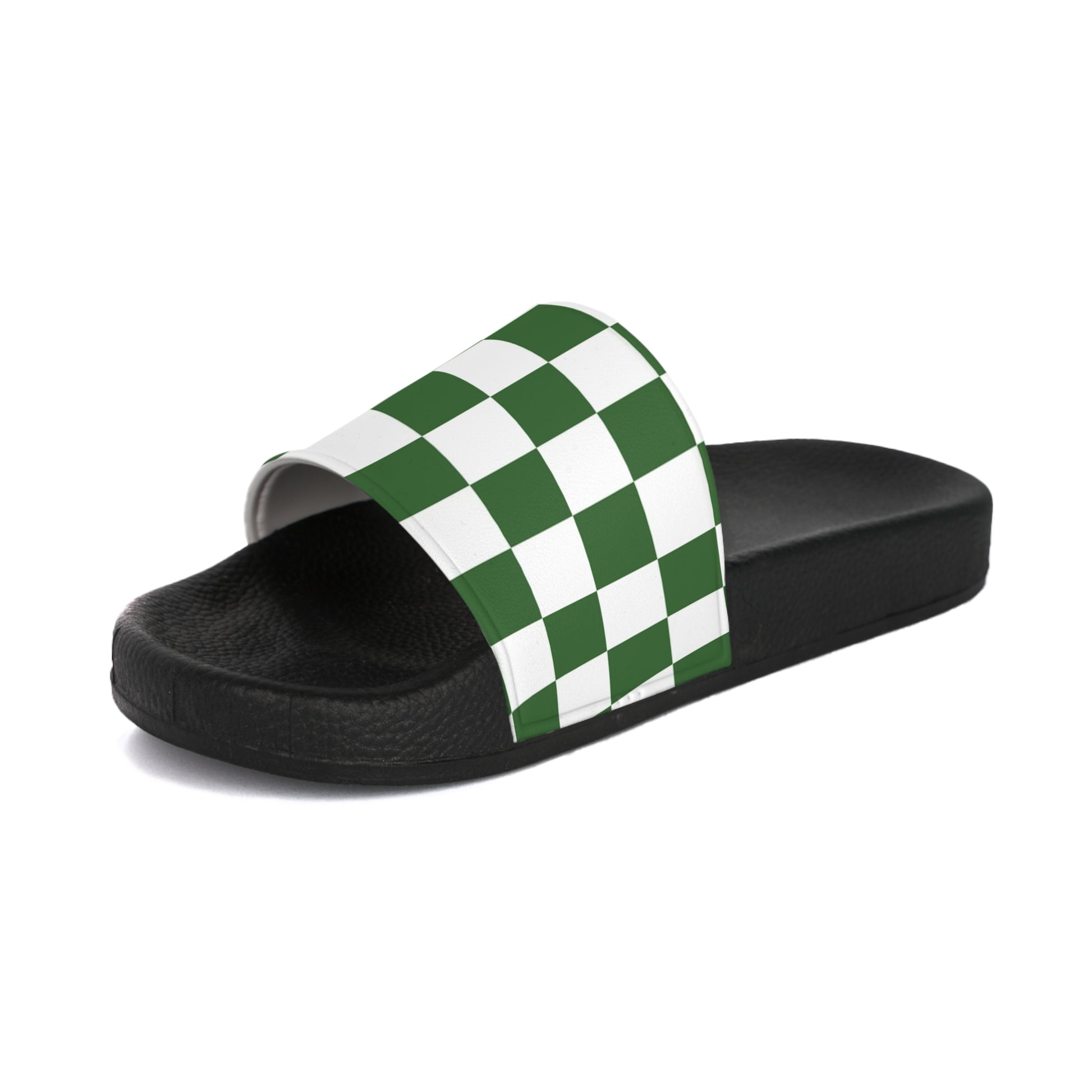 Checkerboard White and Dark Green Women's Slide Sandals, Artsulli - Art is Long, Life is Short, Shoes, , , , , , , 