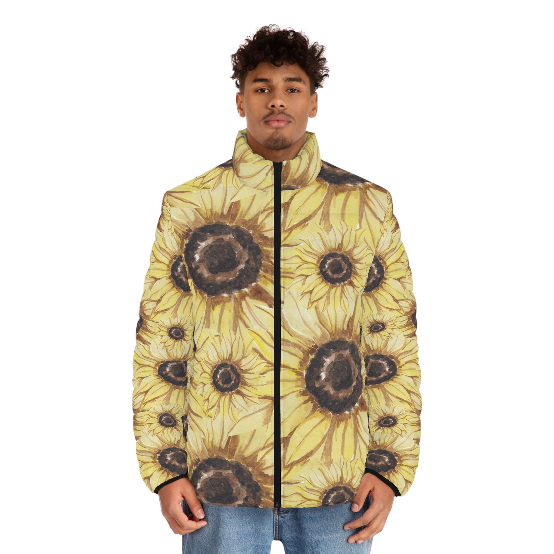 Retro Anime Sunflower Men's Puffer Jacket (AOP), Artsulli - Art is Long, Life is Short, All Over Prints, , , , , , , 