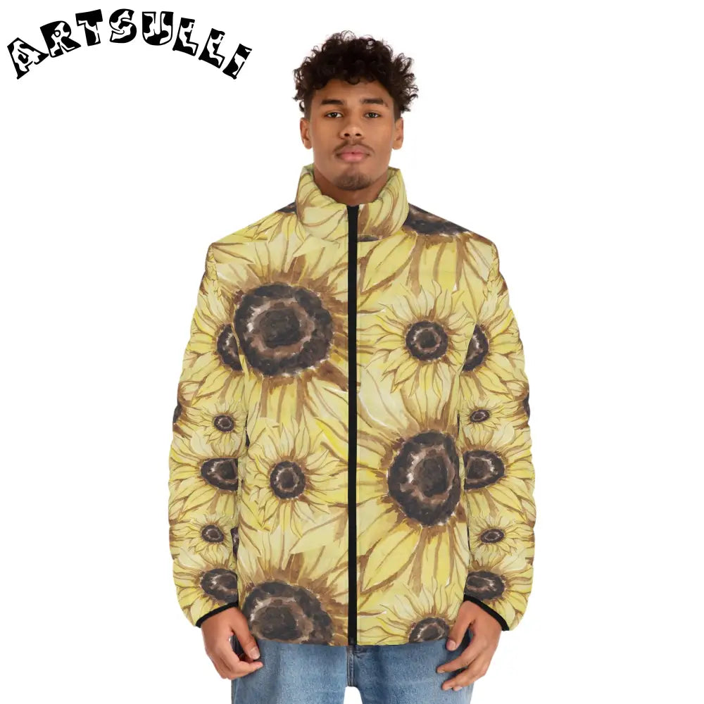 JAKKOUTTHEBXX Retro Anime Sunflower Men’s Puffer Jacket (AOP)