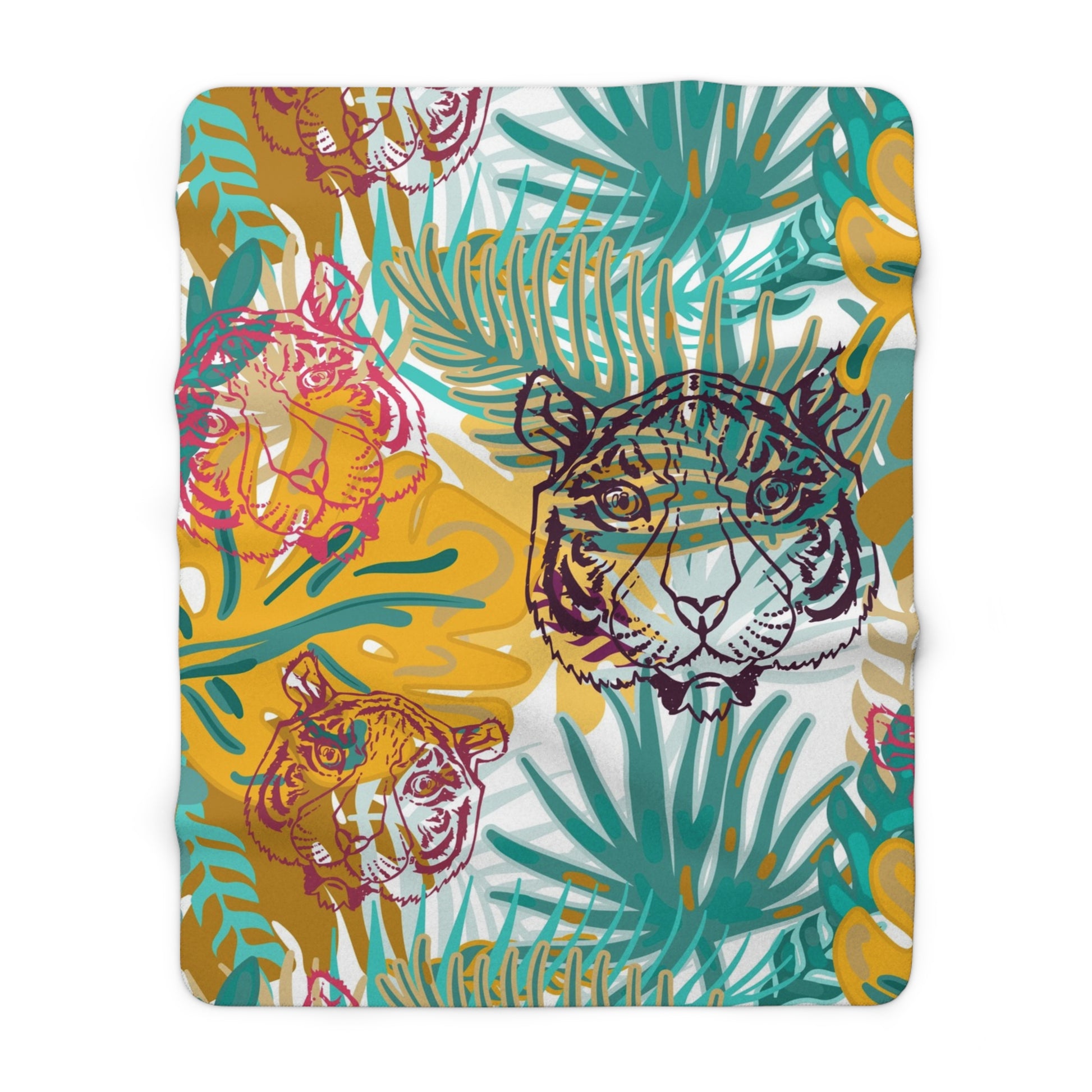Tropical Jungle Tigers Brown and Green Sherpa Fleece Blanket, Artsulli - Art is Long, Life is Short, Home Decor, Size, 60" × 80", , , , , 14496725472028