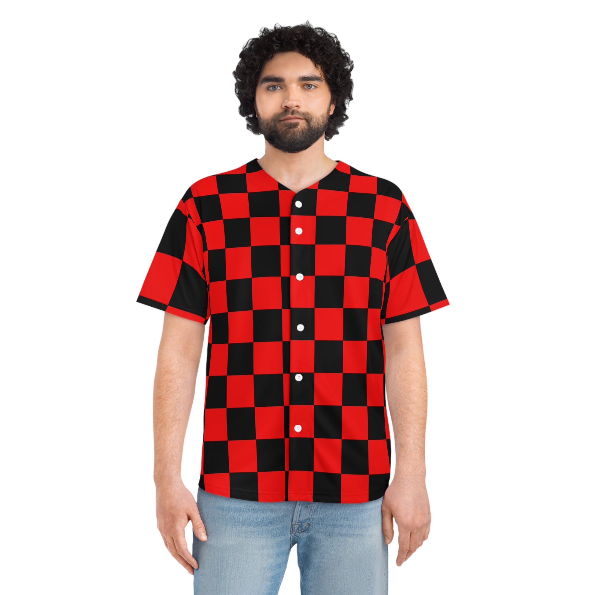 Checkerboard Red and Black Men's Baseball Jersey (AOP), Artsulli - Art is Long, Life is Short, All Over Prints, , , , , , , 