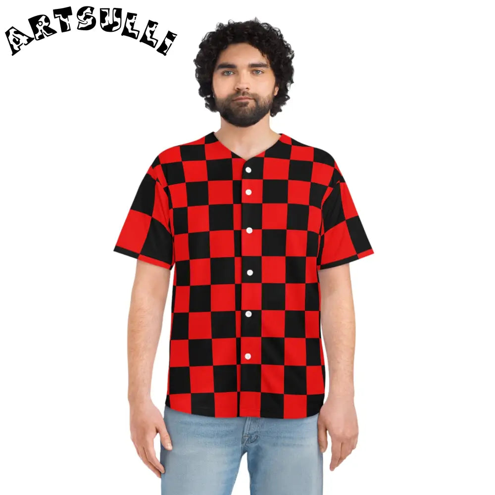 JAKKOUTTHEBXX Checkerboard Red and Black Men’s Baseball Jersey (AOP)