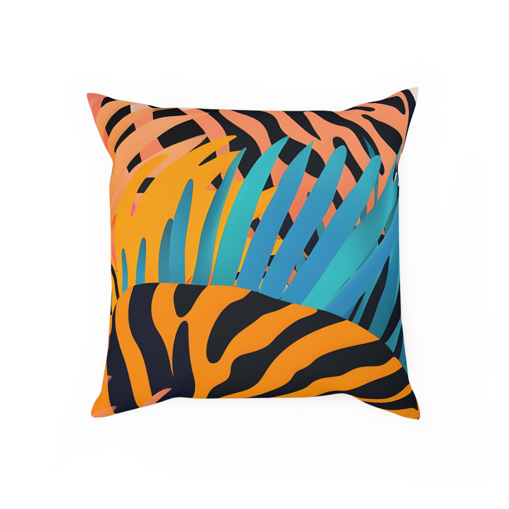 Palm Leaves x Zebra Stripes x Tiger Stripes Orange and Blue  Cushion, Artsulli - Art is Long, Life is Short, Home Decor, Size, 15.7 × 15.7, , , , , 87642630051445