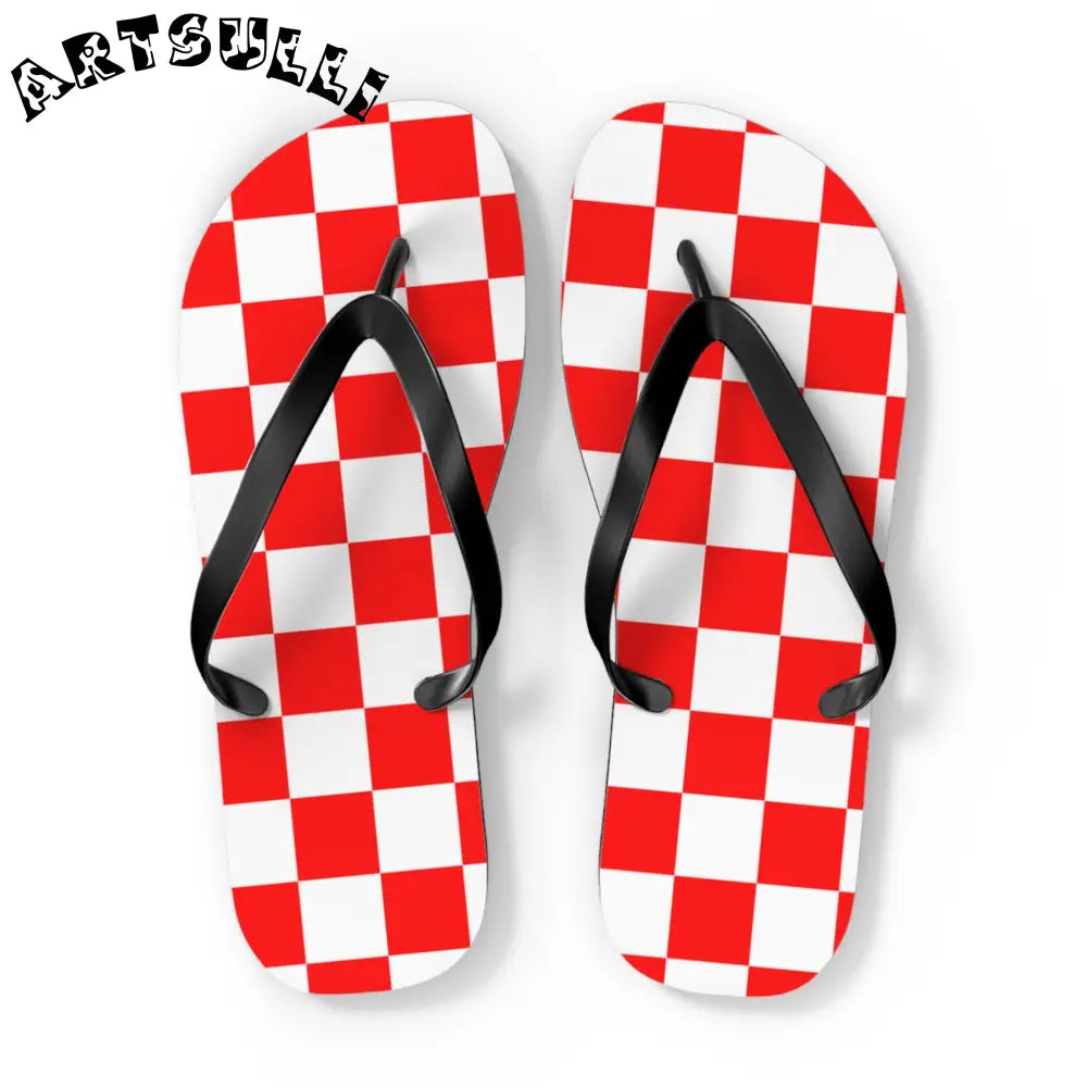 JAKKOUTTHEBXX Checkerboard Red and White Flip Flops JAKKOUTTHEBXX