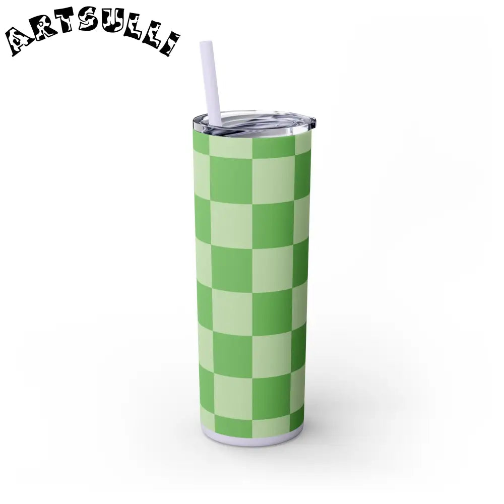 JAKKOUTTHEBXX Checkerboard Green Skinny Tumbler with Straw 20oz