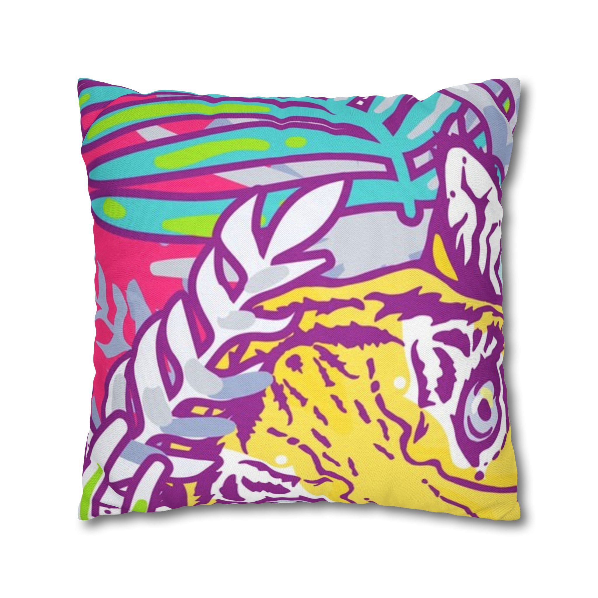 Tropical Floral Tigers Torquise and Purple Spun Polyester Square Pillowcase, Artsulli - Art is Long, Life is Short, Home Decor, , , , , , , 