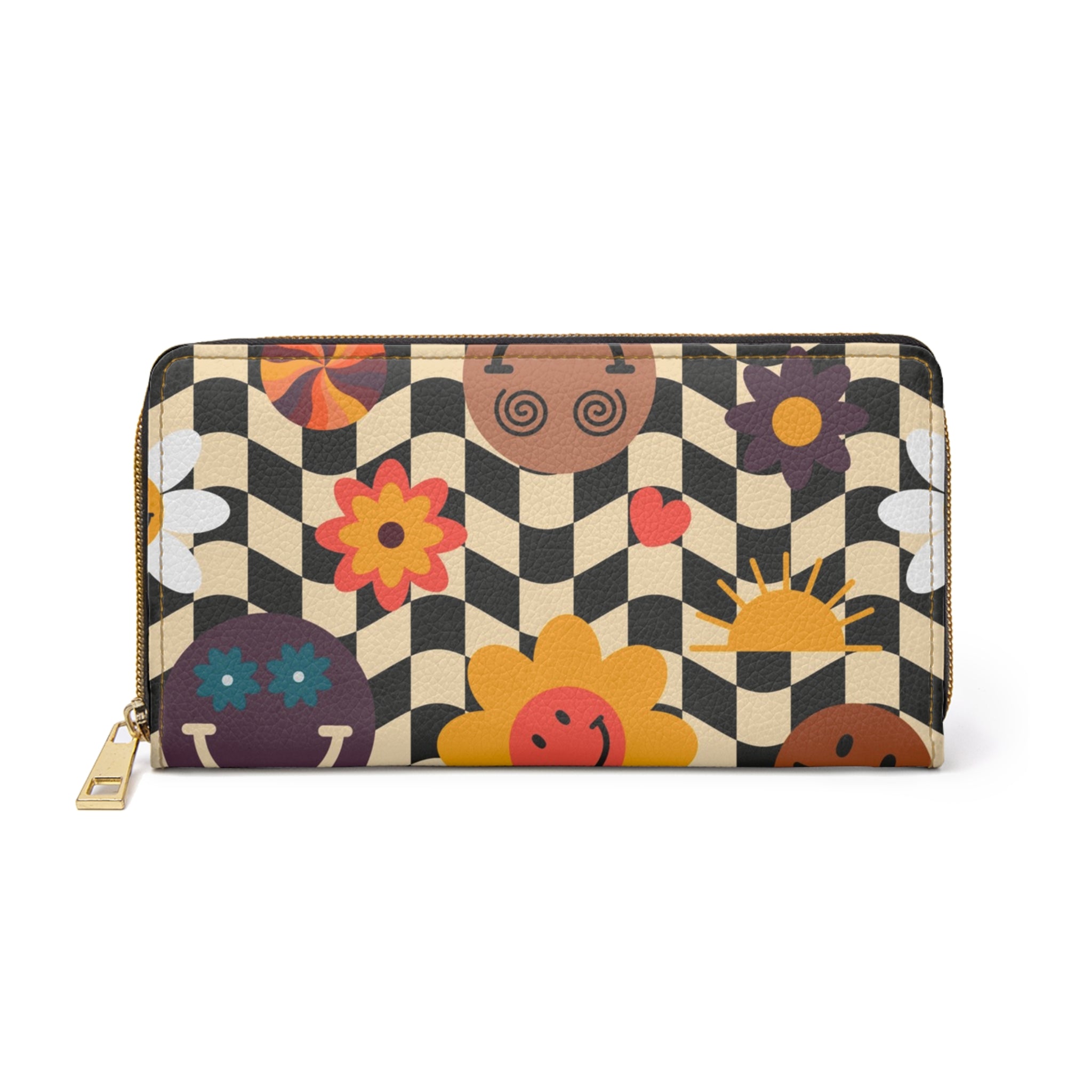 Trippy x Wavy Checkerboard x Smiley Face x Rainbow x Flowers Multi-Color Zipper Wallet, Artsulli - Art is Long, Life is Short, Accessories, Size, One size, Color, White, , , 27005539599415828247