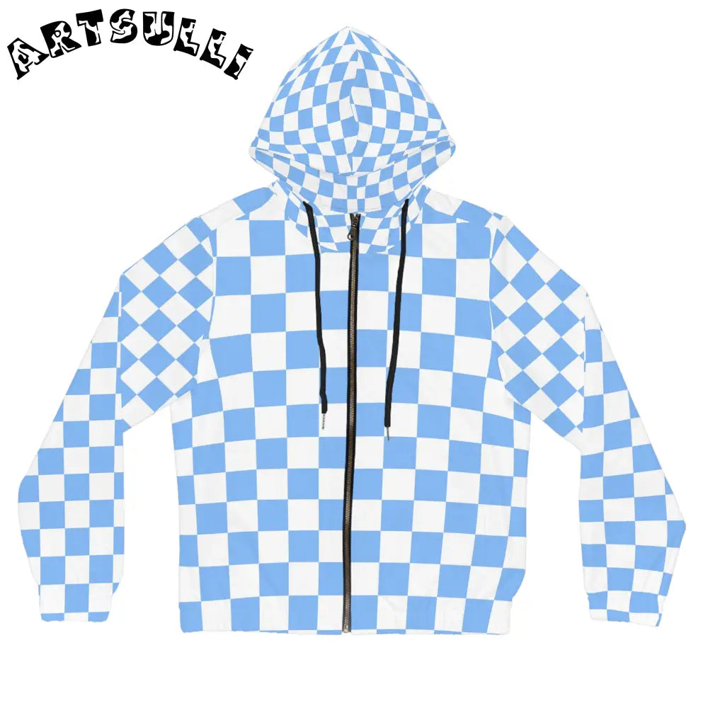 JAKKOUTTHEBXX Checkerboard White and Light Blue Women’s Full-Zip