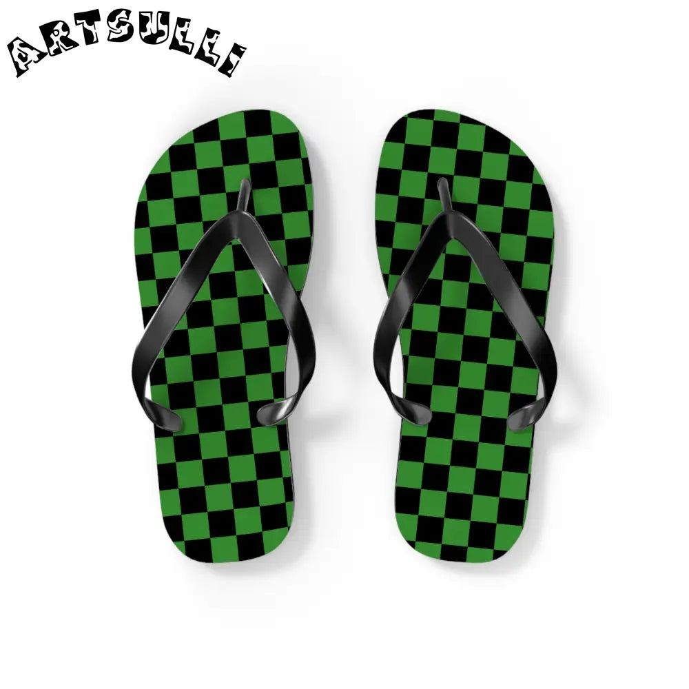 JAKKOUTTHEBXX Checkerboard Green and Black Flip Flops JAKKOUTTHEBXX