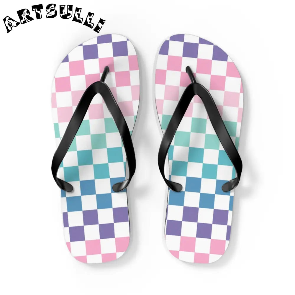 JAKKOUTTHEBXX Vaporwave Rainbow Checkerboard Multi-Color Flip Flops