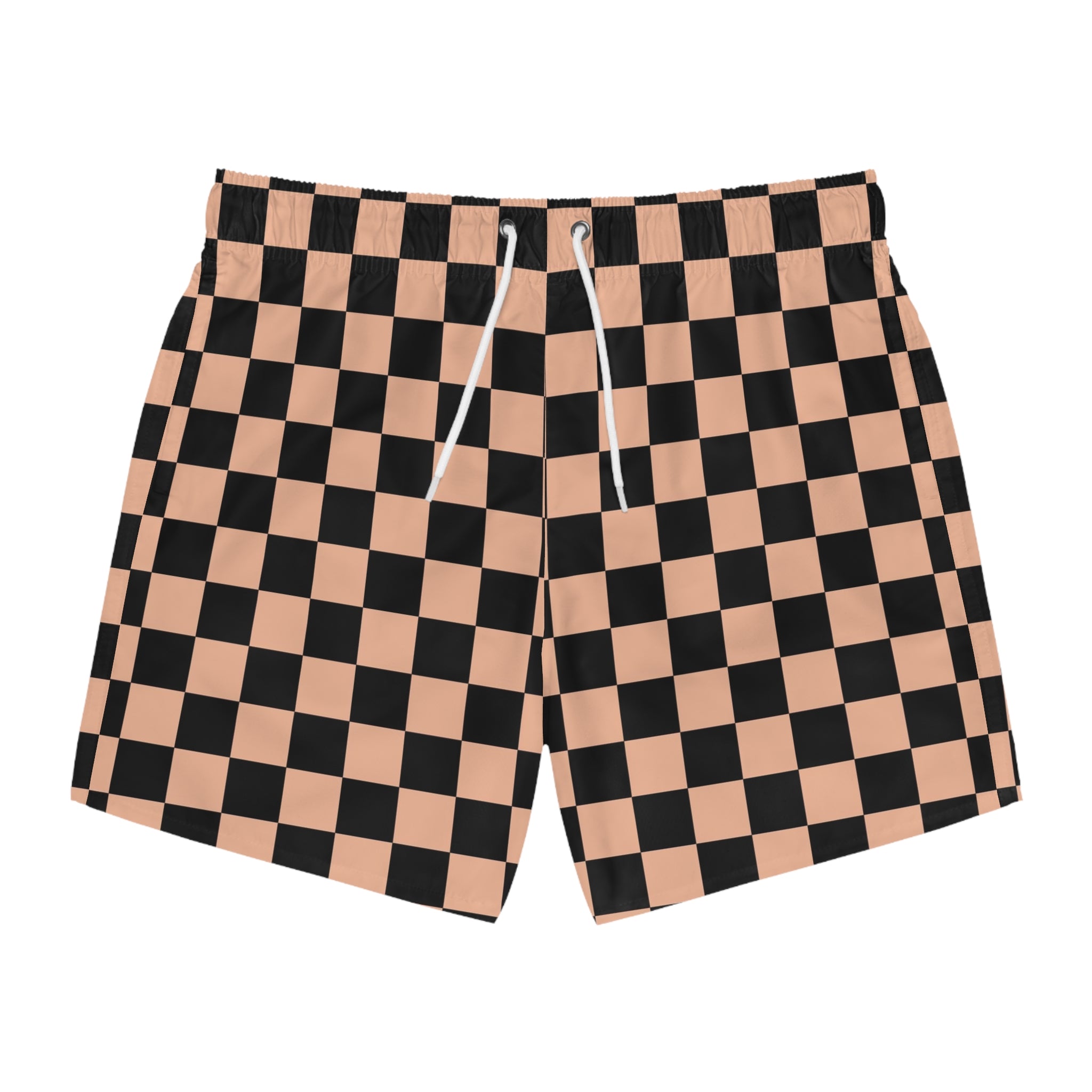 Checkerboard II Soft Orange and Black Swim Trunks (AOP), Artsulli - Art is Long, Life is Short, All Over Prints, Size, XS, Color, Seam thread color automatically matched to design, , , 27278189762148381086