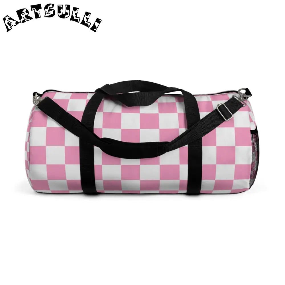 JAKKOUTTHEBXX Checkerboard Hot Pink and White Duffel Bag
