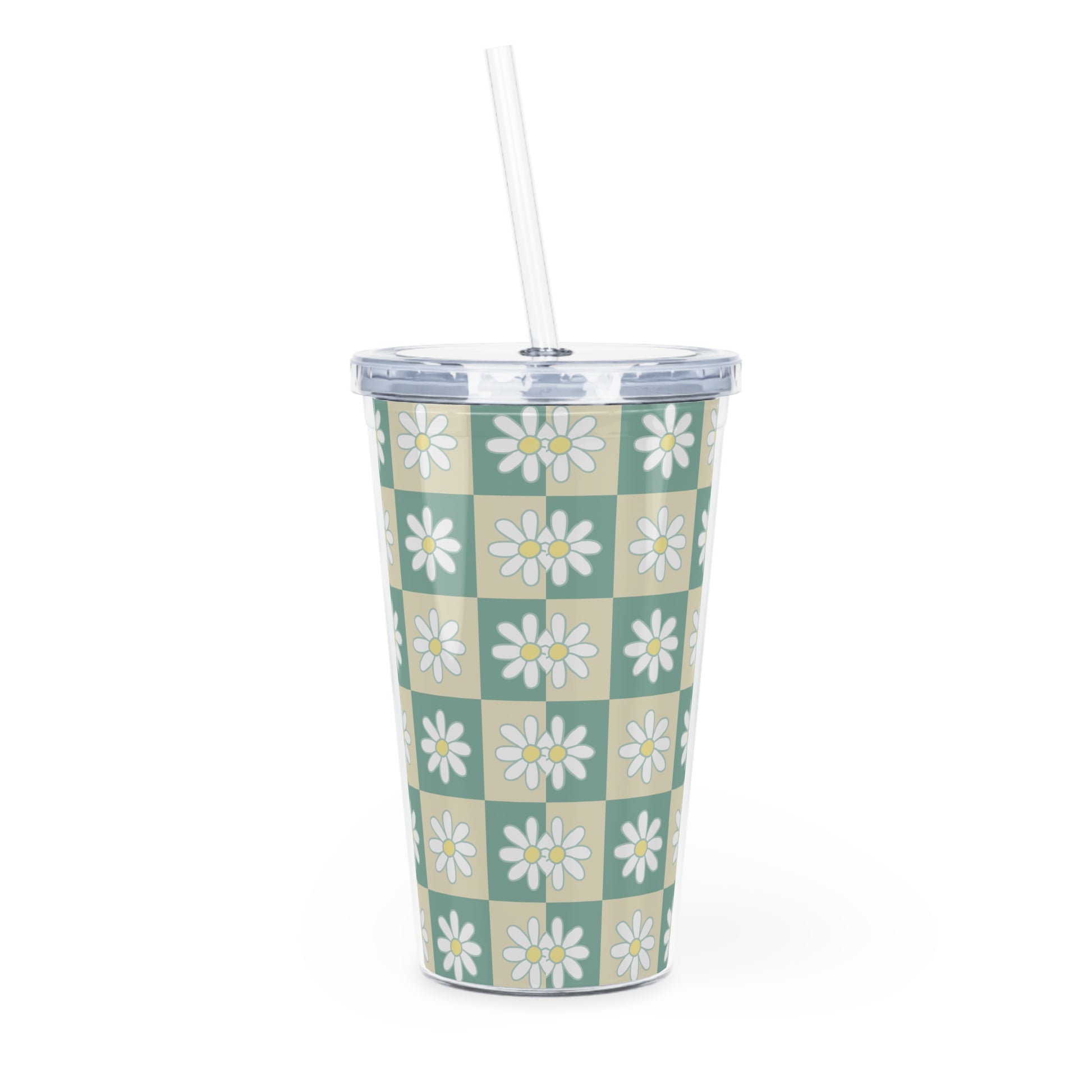 Retro Daisy Grid Plastic Tumbler with Straw, Artsulli - Art is Long, Life is Short, Mug, , , , , , , 