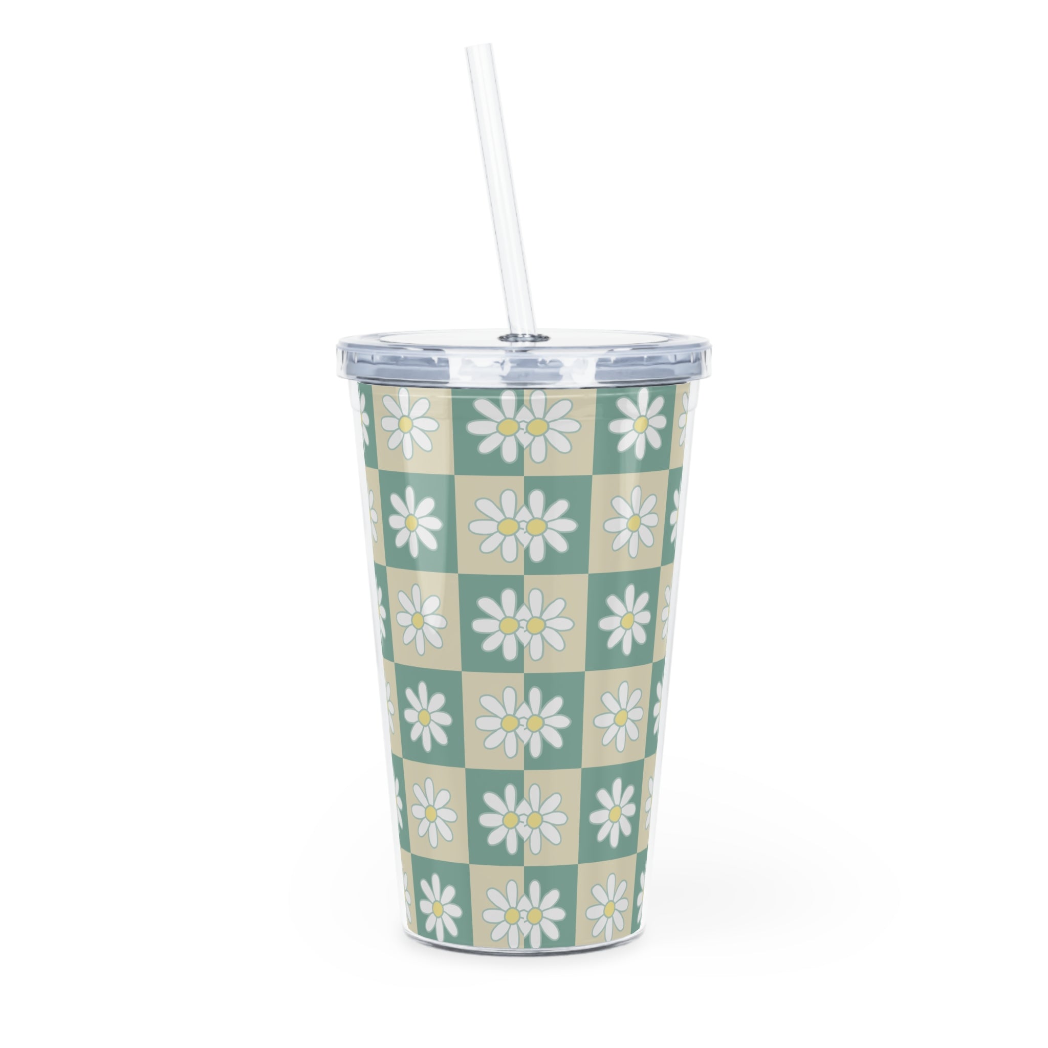 Retro Daisy Grid Plastic Tumbler with Straw, Artsulli - Art is Long, Life is Short, Mug, , , , , , , 