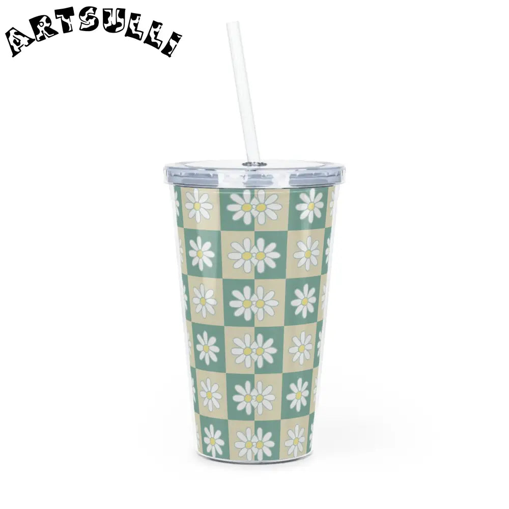JAKKOUTTHEBXX Retro Daisy Grid Plastic Tumbler with Straw