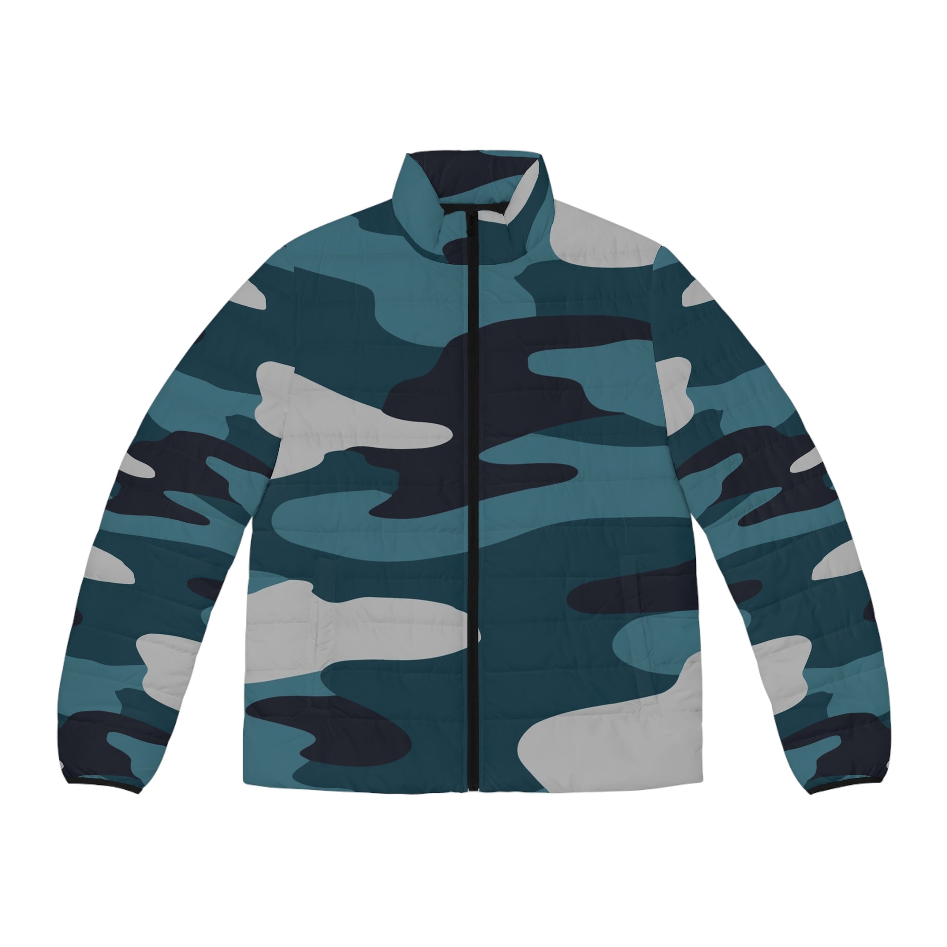 Blue Camouflage Men's Puffer Jacket (AOP), Artsulli - Art is Long, Life is Short, All Over Prints, Size, S, Color, Black zipper, , , 31534966103518052673