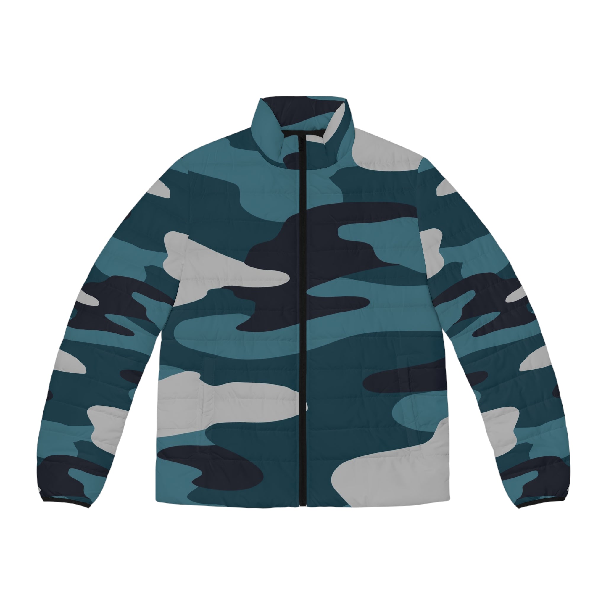 Blue Camouflage Men's Puffer Jacket (AOP), Artsulli - Art is Long, Life is Short, All Over Prints, Size, S, Color, Black zipper, , , 31534966103518052673