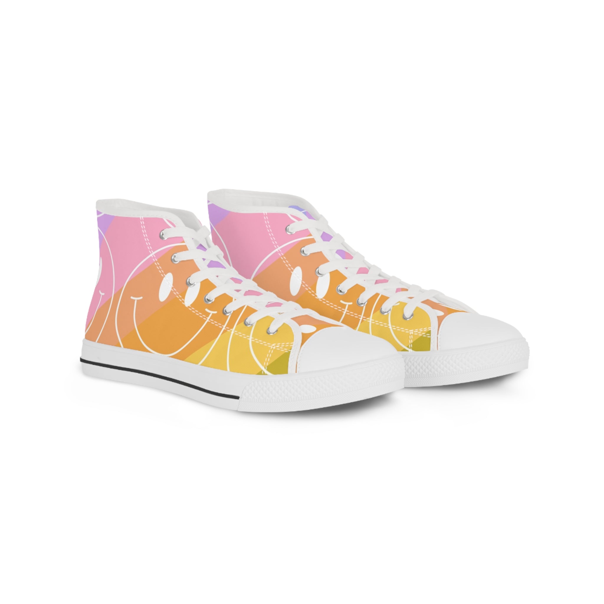 Smiley Face x Rainbow Stripes Men's High Top Sneakers, Artsulli - Art is Long, Life is Short, Shoes, Size, US 5, Color, White sole, , , 20257584155685324252