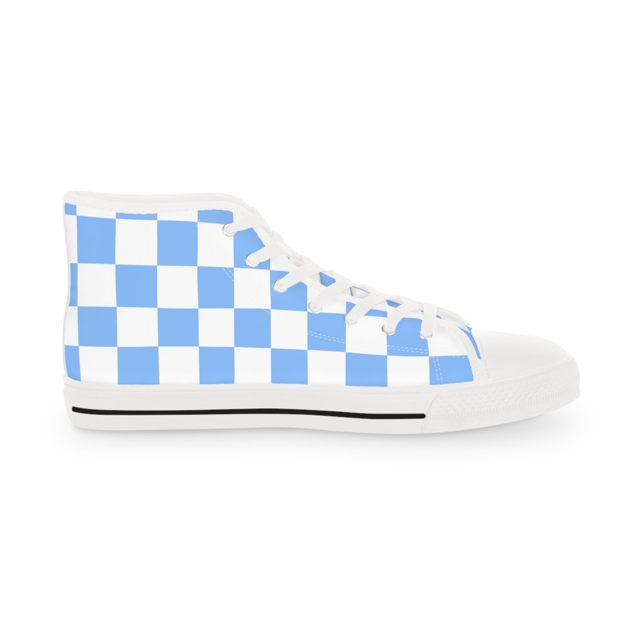 Checkerboard White and Light Blue Men's High Top Sneakers, Artsulli - Art is Long, Life is Short, Shoes, , , , , , , 