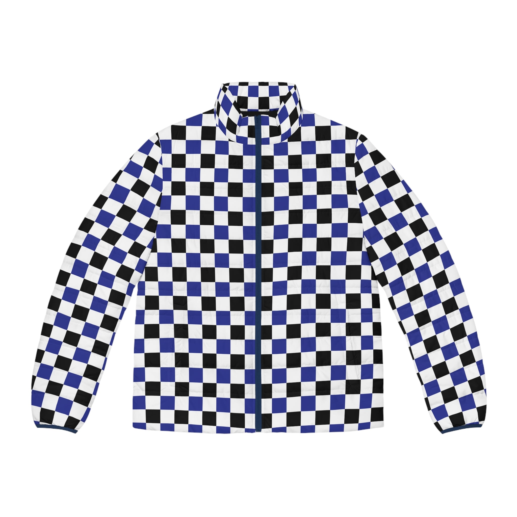 Checkerboard Blue White and Black Men's Puffer Jacket (AOP), Artsulli - Art is Long, Life is Short, All Over Prints, Size, S, Color, Dark blue zipper, , , 26580165804345954171