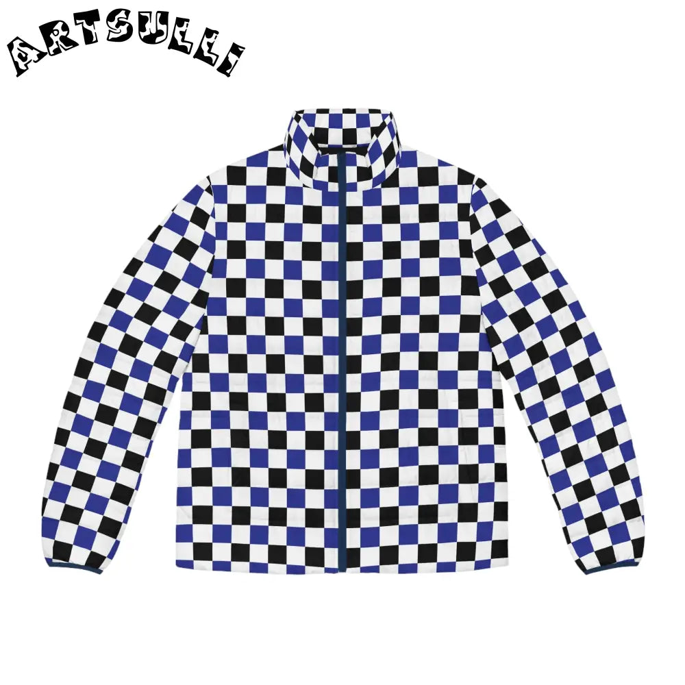 JAKKOUTTHEBXX Checkerboard Blue White and Black Men’s Puffer Jacket