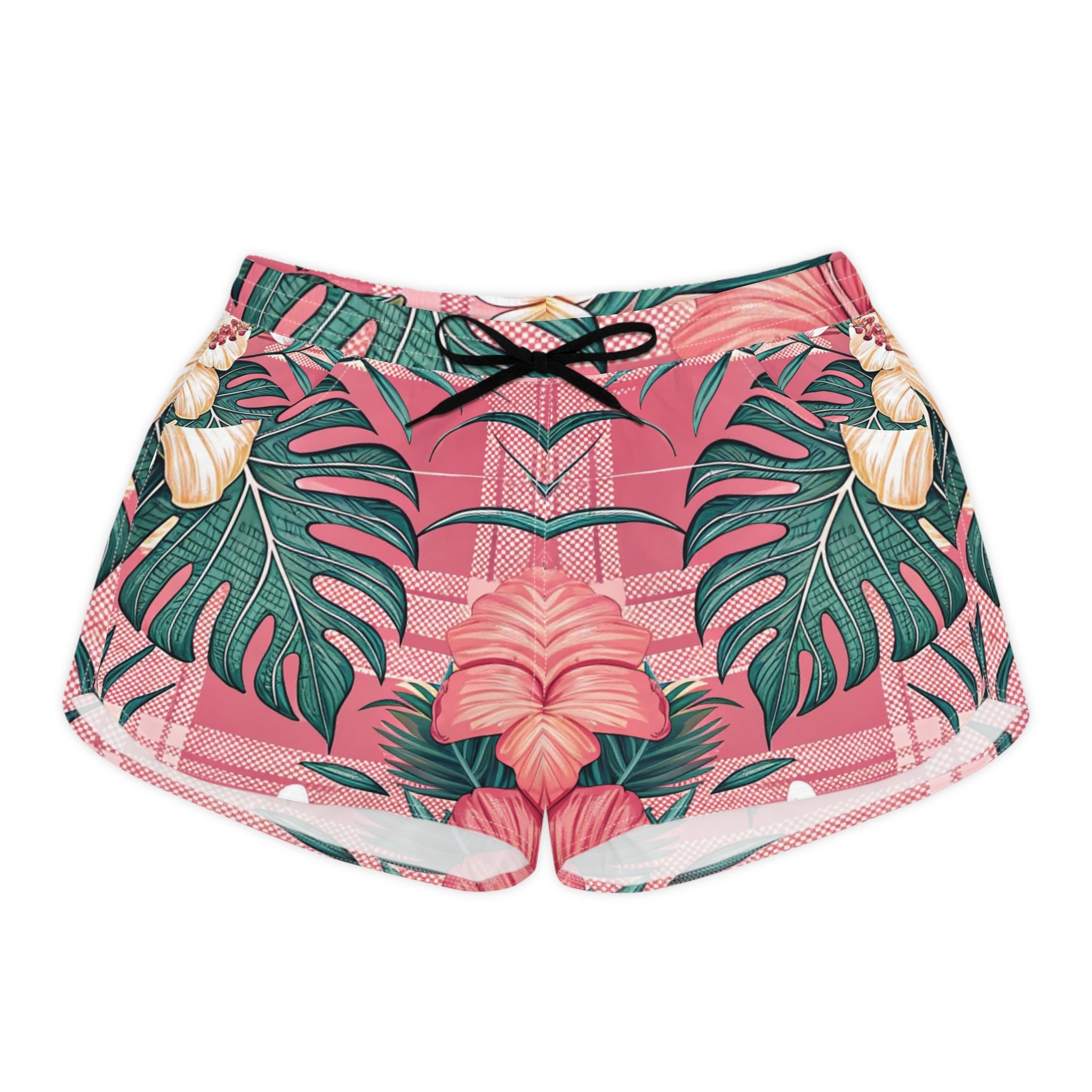 Plaid x Floral Burgundy Women's Casual Shorts (AOP), Artsulli - Art is Long, Life is Short, All Over Prints, Size, S, Color, Black drawstring, , , 23602673633147116929