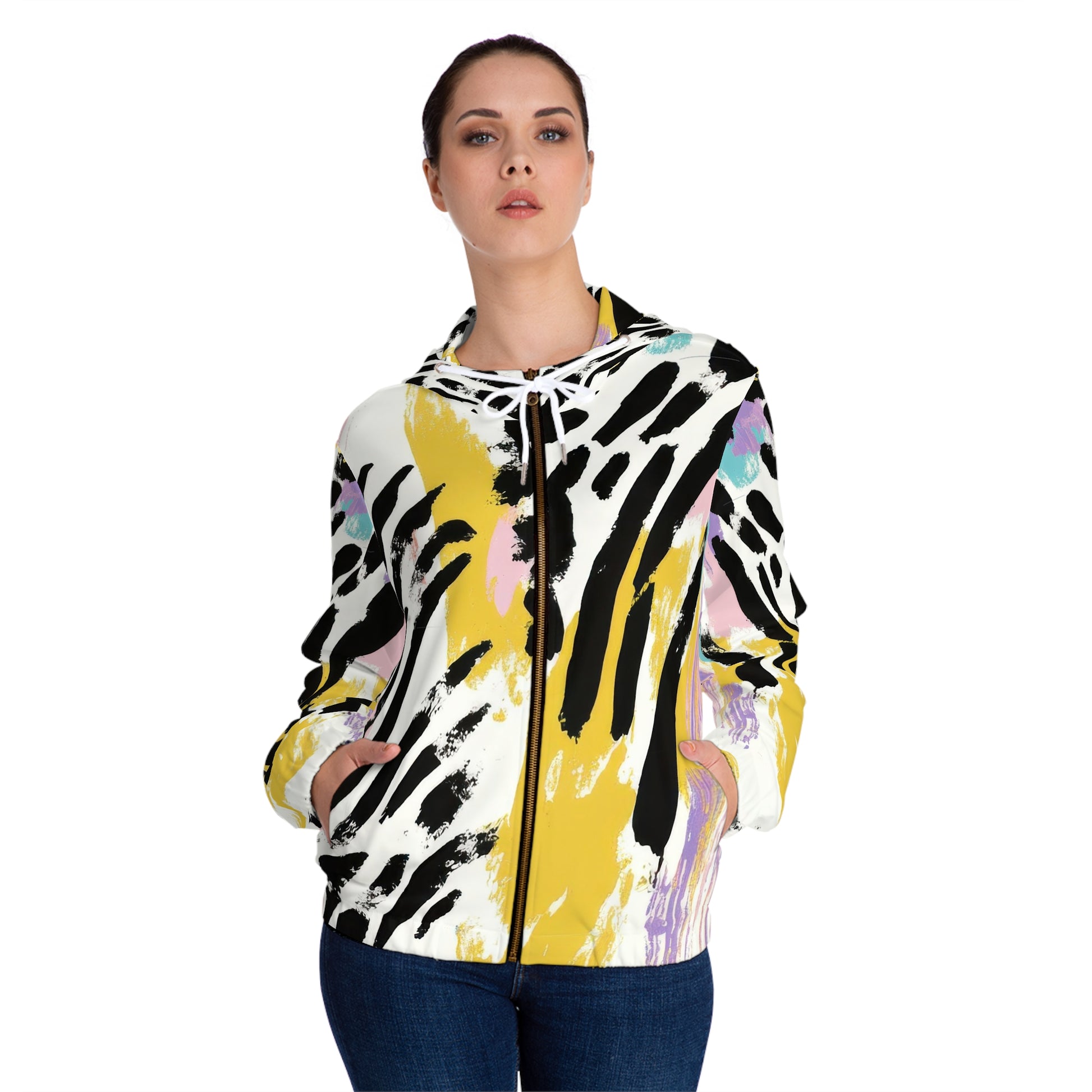 Wild Zebra Stripes x Paint Brush Strokes Multi-Color Women’s Full-Zip Hoodie (AOP), Artsulli - Art is Long, Life is Short, All Over Prints, , , , , , , 
