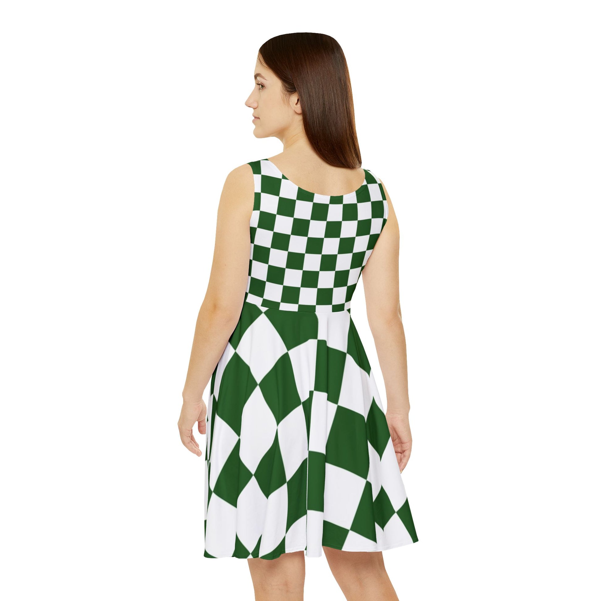 Checkerboard White and Dark Green Women's Skater Dress (AOP), Artsulli - Art is Long, Life is Short, All Over Prints, , , , , , , 